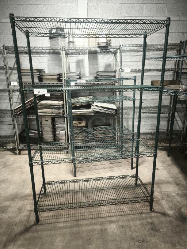 4-tier green epoxy shelving unit kit with S-hooks. Heavy-duty commercial storage rack, excellent condition, ideal for organizing.