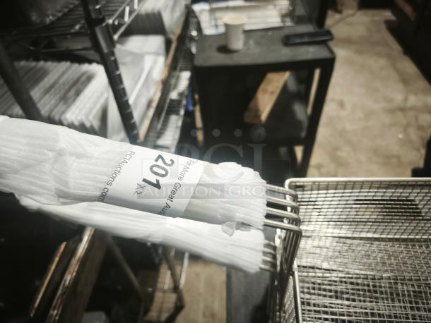 Brand new commercial wired mesh fry basket with front hook and black non-slip grip handle; label indicates "201" at auction.