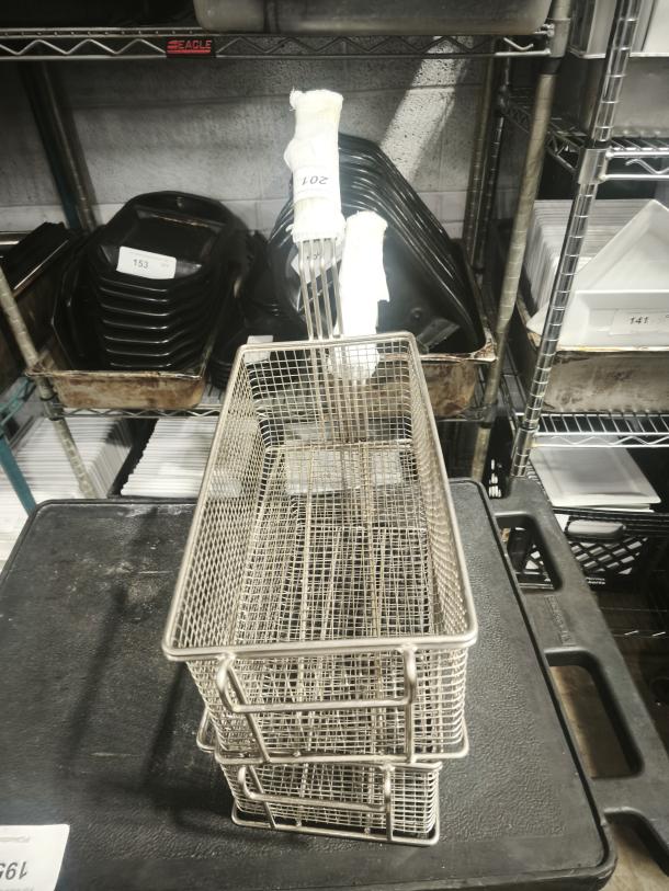 Brand new commercial wired mesh fry basket with front hook and black non-slip grip handle. Includes 2 baskets.