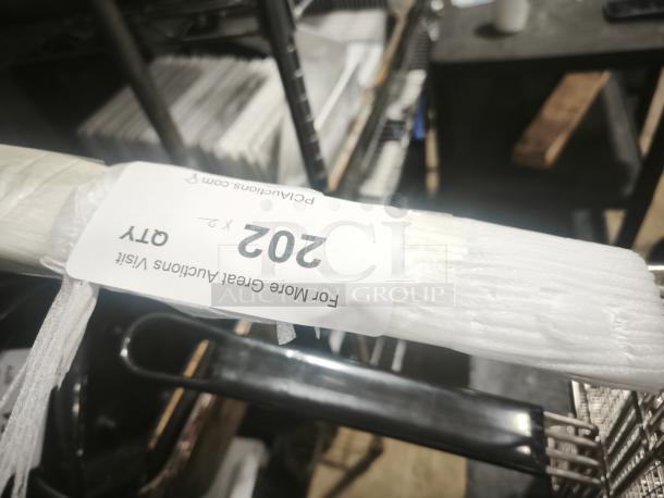 Brand new commercial wired mesh fry basket with front hook, black non-slip grip handle, and packaging label showing 2x quantity.