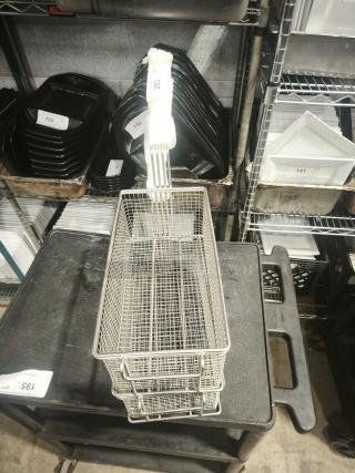Brand new commercial wired mesh fry basket with front hook and black non-slip grip handle. 
