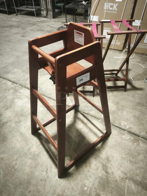Wooden bar-height baby high chair, ready-to-assemble, durable with steps, labeled "206 QTY," excellent condition.