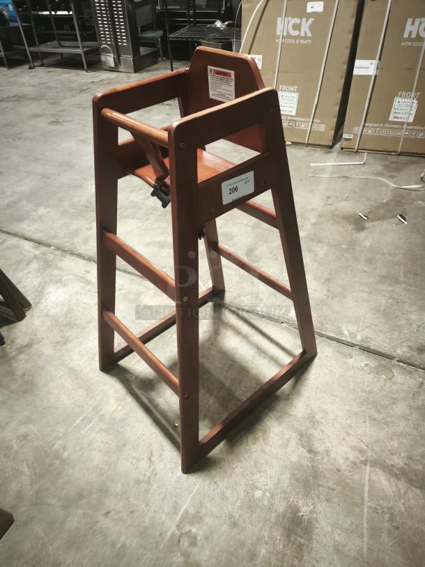 Durable wooden bar-height high chair with steps, ready-to-assemble, suitable for babies and toddlers. Label reads "206."