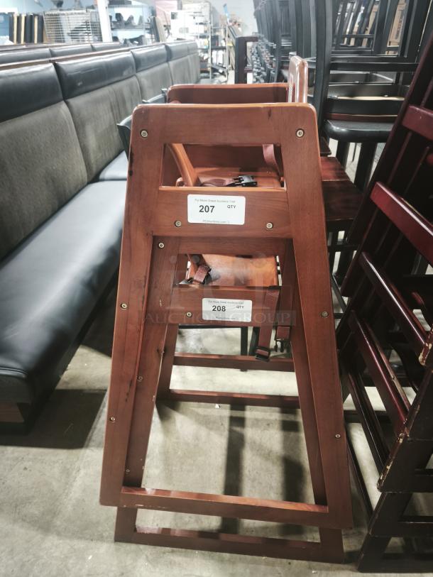 Durable wood restaurant bar height high chair for babies, ready-to-assemble, with steps. Labels indicate lot numbers 207 and 208.