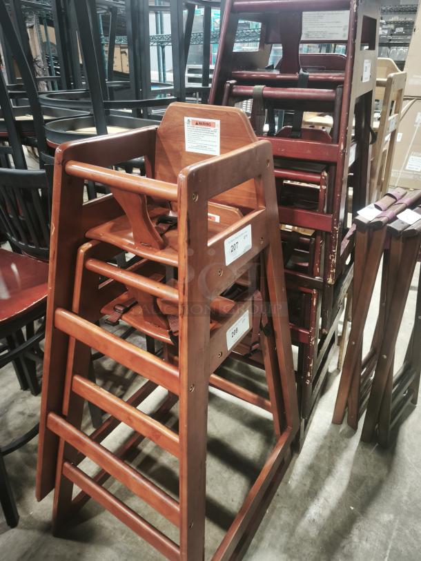 Wooden bar-height high chairs with steps for babies and toddlers, durable construction, visible tags, good condition.