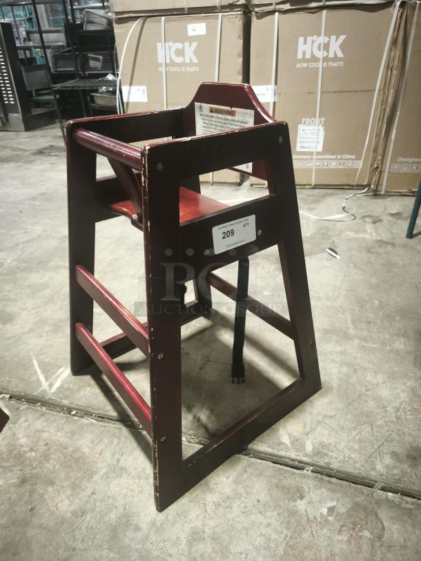 CHH-103 stackable wood high chair, 29 3/4", with waist strap, visible wear on edges, identification tag "209".