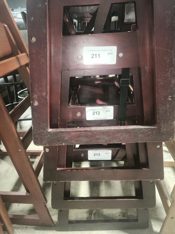 Stackable wood high chairs with waist straps, model CHH-103, 29 3/4", visible wear, auction tags numbered 211-213.