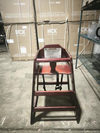 CHH-103 stackable wood high chair with waist strap, 29 3/4" tall, visible wear, safety warnings displayed.