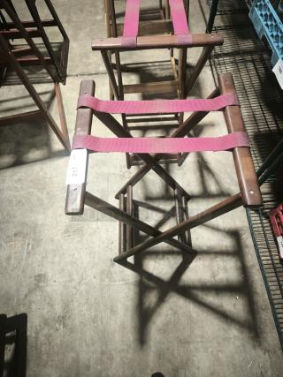 Folding wooden tray stand, 32-1/4" high, with red fabric straps. Auction tag showing "217". In good condition.
