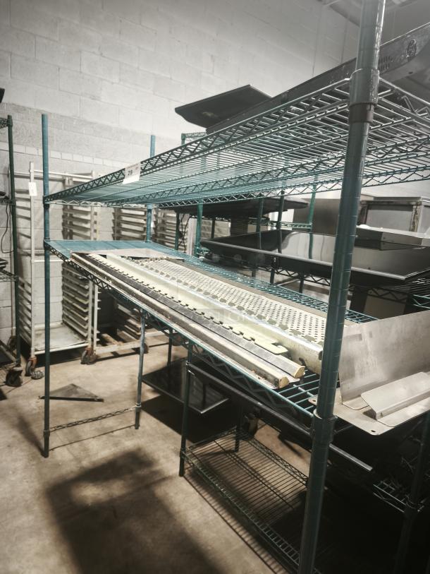 Zedfire 2-tier shelving unit in green epoxy, featuring S-hooks. Heavy-duty commercial storage rack, visible wire shelves.