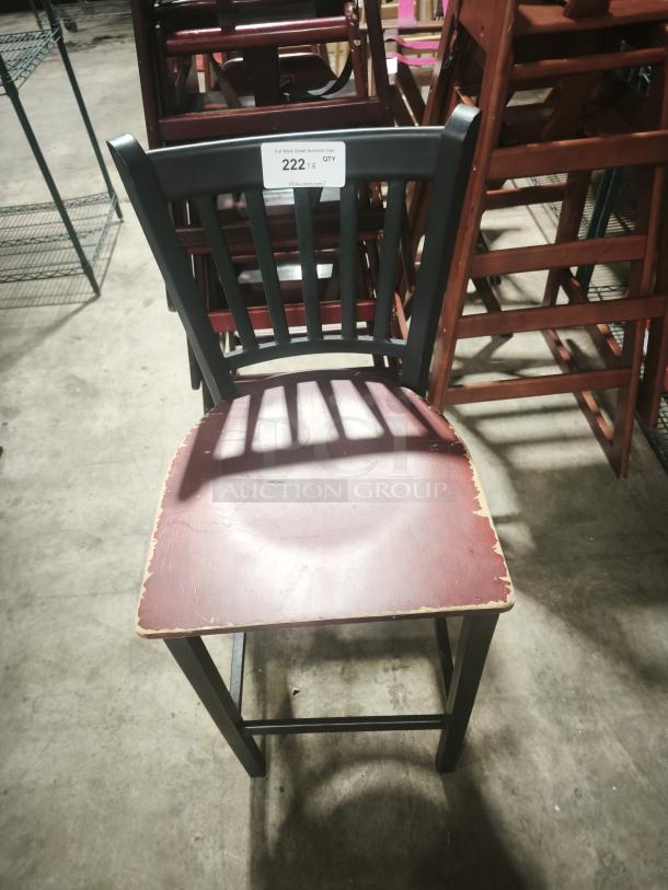 Premier Café Height Table, worn red finish, black frame, visible tag "222" for auction identification.