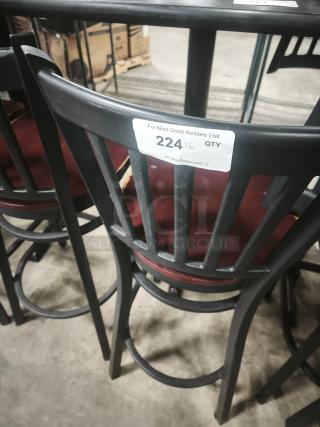 Black metal dining chair with schoolhouse back, featuring a mahogany wood seat. Tag indicates auction item 224, quantity 6.