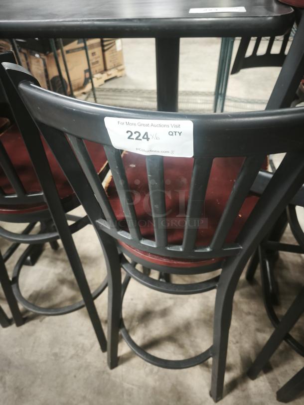 Black metal dining chair with mahogany wood seat, school house back design. Tag indicates auction lot number 224, quantity six.