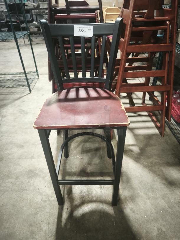 Black School House metal dining chair with mahogany wood seat. Features visible signs of wear. Tag indicates auction item number 222.