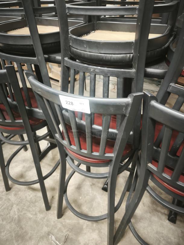 Black metal dining chair with mahogany wood seat, school house back design. Shows auction label indicating quantity 228.