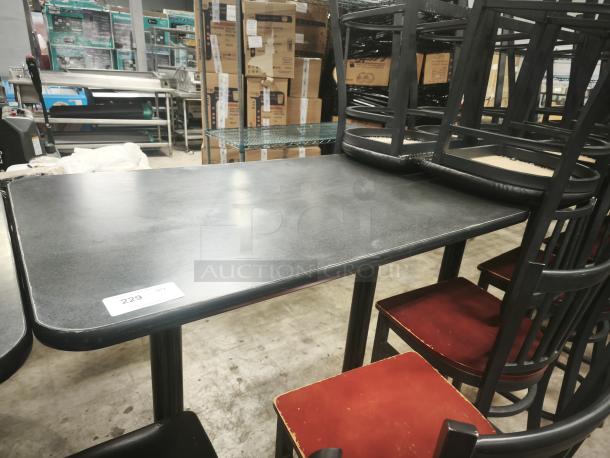 Premier Café Height Table with dark laminate top and black metal legs. Sturdy design, ideal for commercial use. Quantity label reads "229."