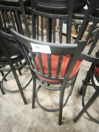 Black metal dining chair with mahogany wood seat; label indicates quantity of 230 chairs available.
