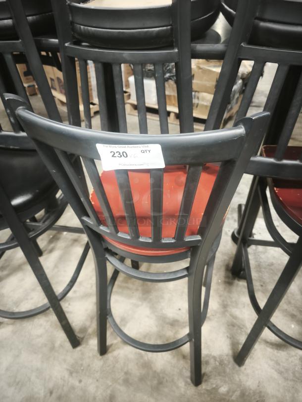 Metal dining chair with a mahogany wood seat, black frame, slatted back design. Auction label reads "230 x6 QTY." Good condition.