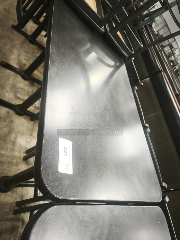 Premier Café Height Tables with black finish, metal base, and rectangular top. Label shows "231" and "Qty: 1."