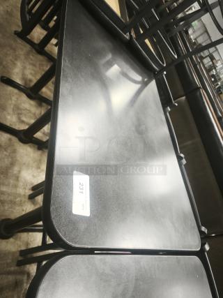 Premier Café Height Tables with black finish, metal base, and rectangular top. Label shows "231" and "Qty: 1."