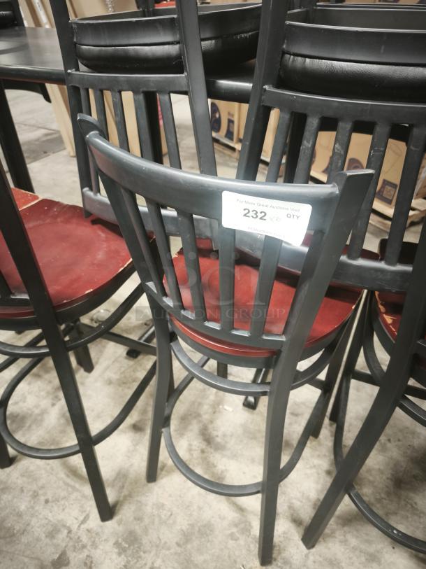 Metal dining chair with mahogany wood seat, black frame, and vertical slat backrest. Label indicates quantity of 6.