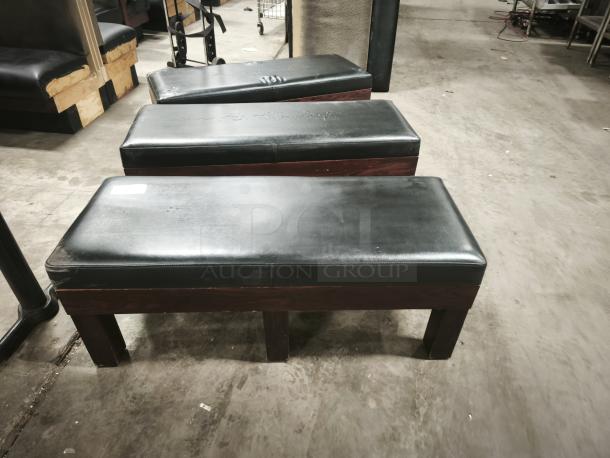 RACK Tuscany Storage Bench, leather upholstered, high-density foam, indoor bench seating. Minor wear visible.