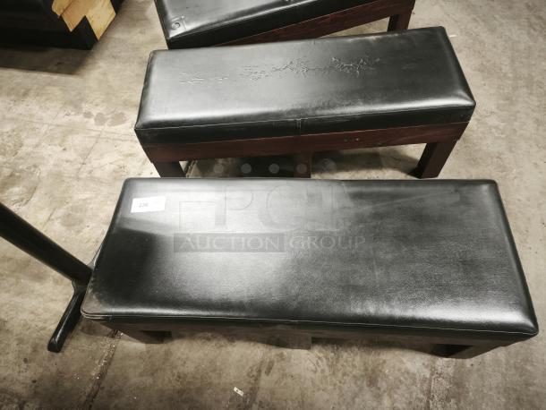 Leather upholstered RACK Tuscany Storage Bench with high-density foam, visible wear, and tag numbered 236.