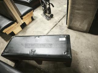 RACK Tuscany Storage Bench with black leather upholstery, high-density foam, visible wear on the surface, labeled "238."