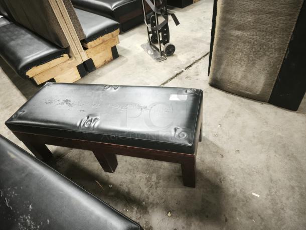 RACK Tuscany Storage Bench, leather upholstered, high-density foam seating, slight wear, sturdy wooden frame.