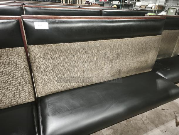 Mid-Channeled style restaurant booth with headroll, black vinyl seat, patterned beige back, minor wear, label "242".
