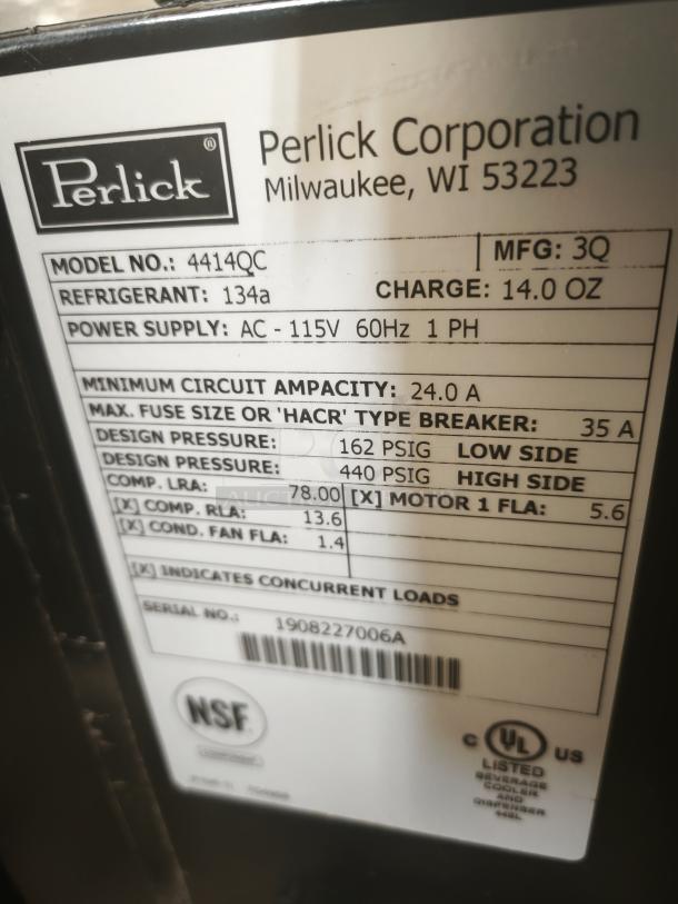 Perlick 4414 draft beer system power pack label. Model 4414QC, AC 115V 60Hz, refrigerant 134a, 1 pump. NSF and UL listed.