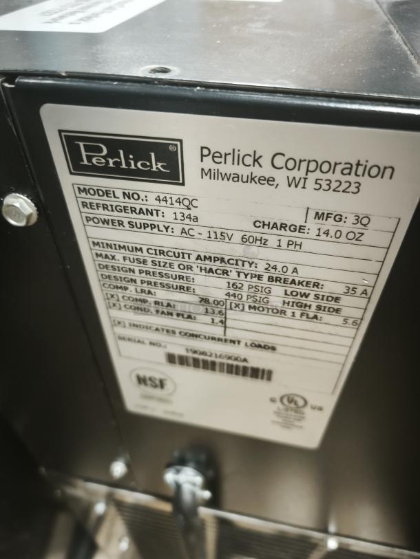 Perlick 4414 Draft Beer System Power Pack, model 4414QC, uses refrigerant 134a, 1 pump, AC 115V, 60Hz, NSF certified.