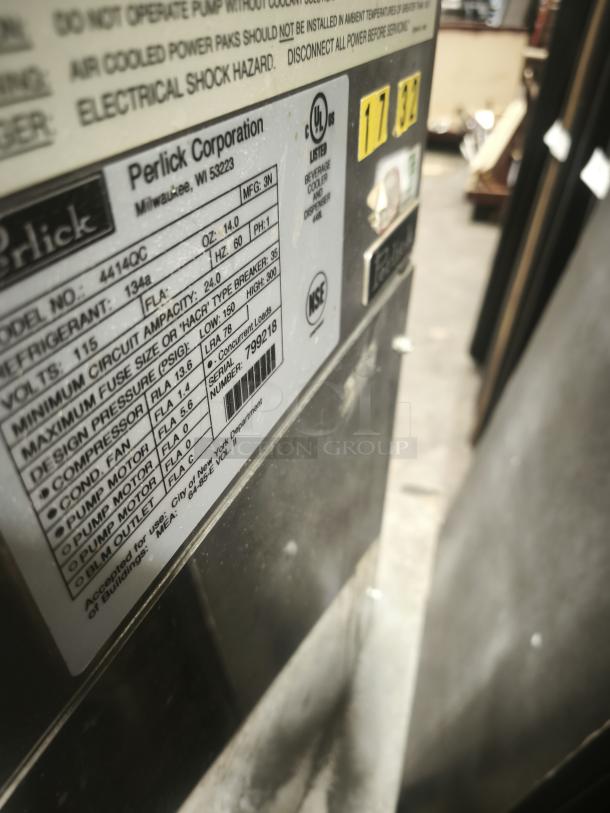 Perlick 4414 Draft Beer System Power Pack with air-cooled feature, 1 pump. Model and specifications listed on visible label.