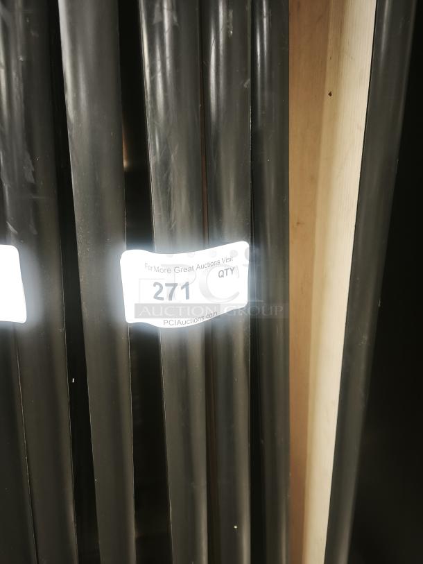 Rectangular tables with black finish for fixed booth seating, labeled "271" by PCIAuctions.com. Appears in good condition.