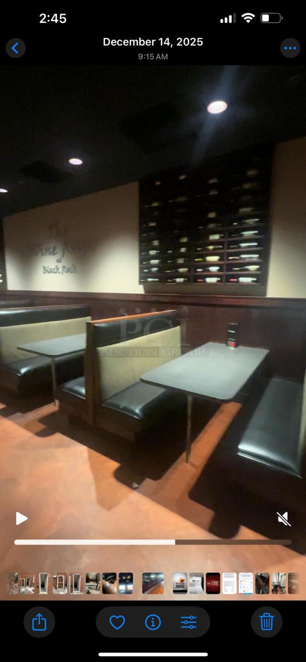 Rectangular tables with fixed booth seating, upholstered in black and beige fabric. Great condition, ideal for restaurants.