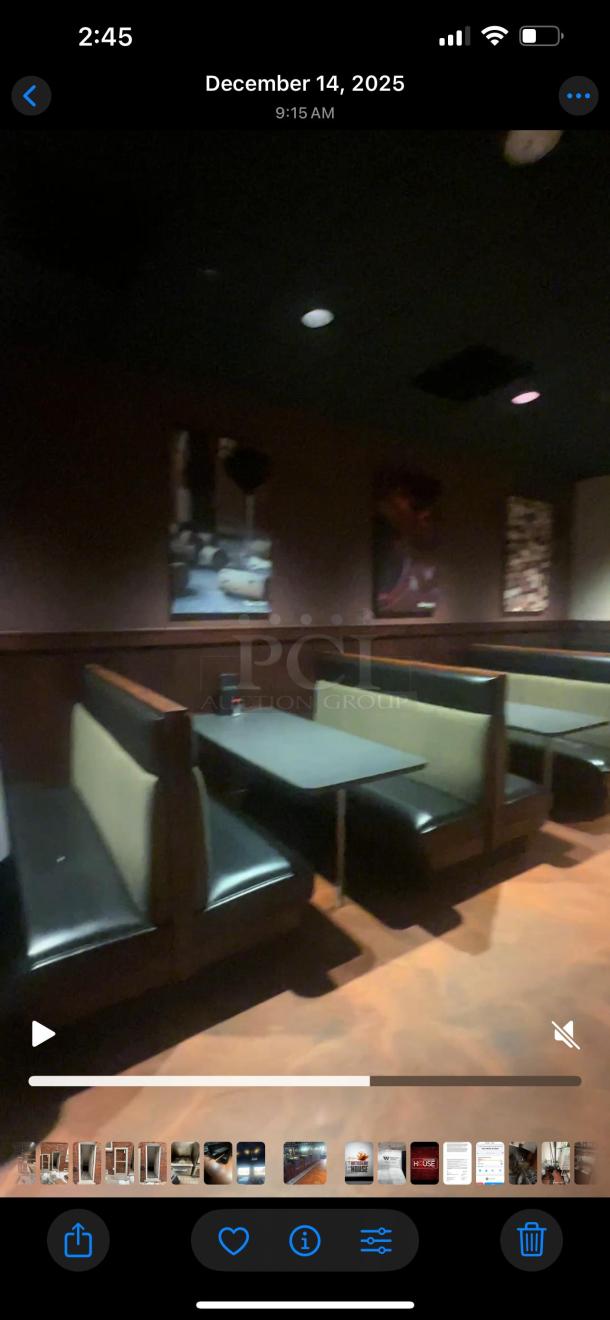 Rectangular tables with black tops, designed for fixed booth seating. Black and beige vinyl booths shown, used condition.