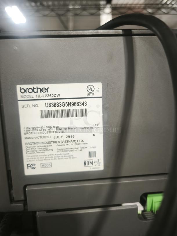 Brother HL-L2340DW Monochrome Laser Printer, serial U63883G5N966343, manufactured July 2015, in good condition.