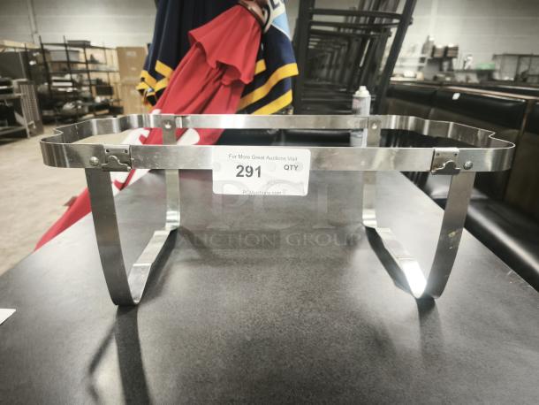 TrueCraftware 8 Qt. stainless steel chafing dish stand, durable folding design, ideal for catering and events. Label shows "291 QTY."