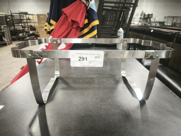 TrueCraftware stainless steel chafing dish frame, 8 Qt., foldable, includes label "291 QTY," ideal for catering events.