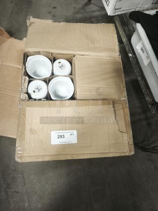 Box of new Aluma white medium porcelain pot pie dishes, four visible. Labels: "293 QTY," indicating quantity.