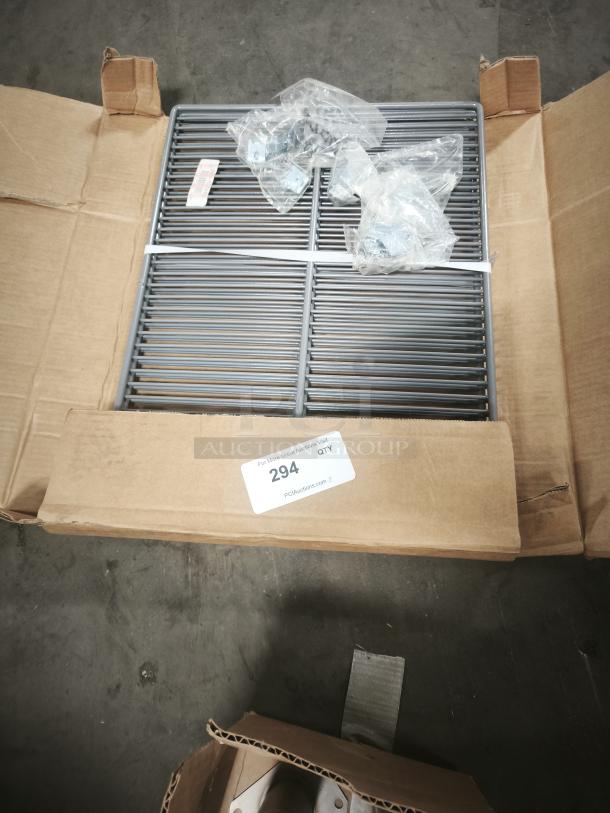 Brand new shelf and clips for back bar coolers in open box; includes plastic-wrapped components and packaging label.