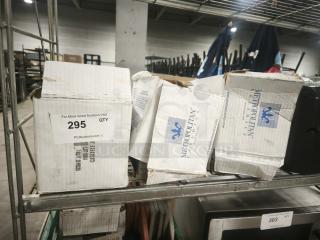 Boxes of brand new Metropolitan Ceramics tiles on a metal shelf, showing brand labels and auction lot number 295.