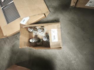 Brand new stainless steel leg assembly in box, with four legs. Box labeled "298 QTY," indicating item condition and quantity.