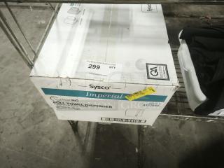 Brand new Sysco Imperial Complete 360 Roll Towel Dispenser in box, model 4527950, white, includes mounting instructions.