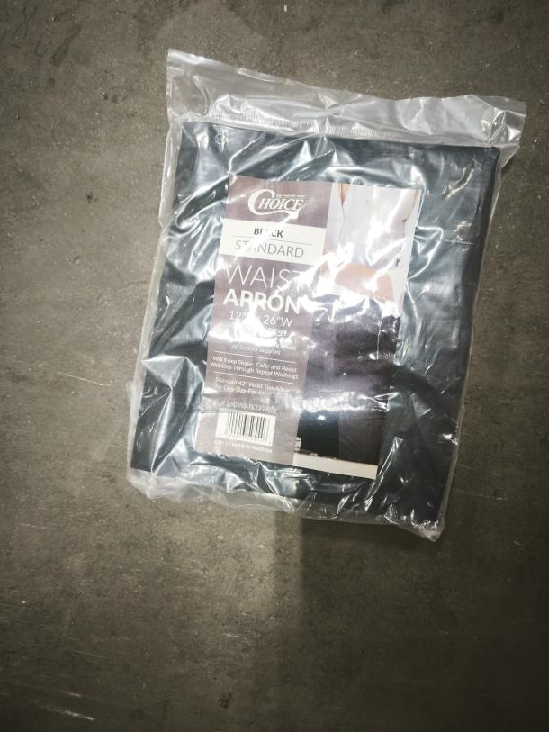 Set of 2 black 3-pocket waitress/waiter aprons, brand new, bib size 26"x12", in original packaging, made by Choice, made in Pakistan.