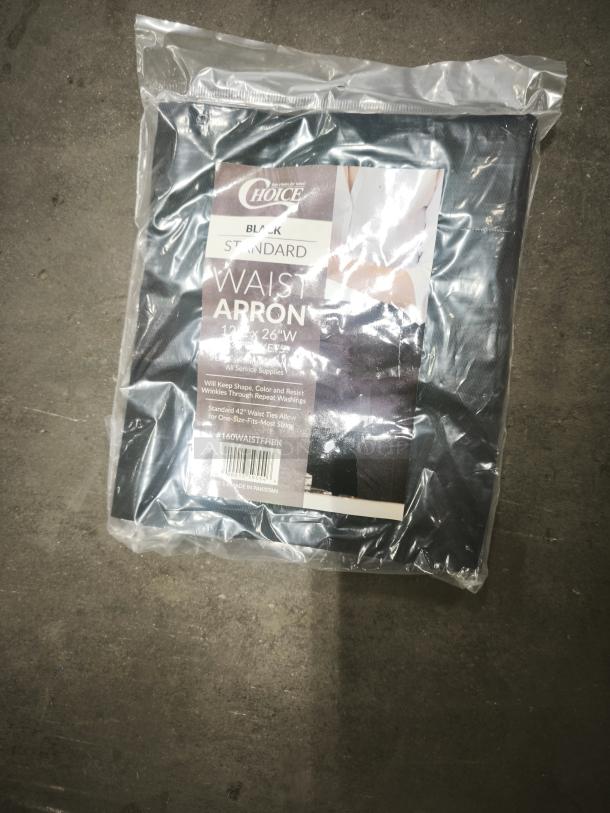 Brand new black waitress aprons, bib size 26"x12", 3 pockets, set of 2. Packaged in plastic with label visible.