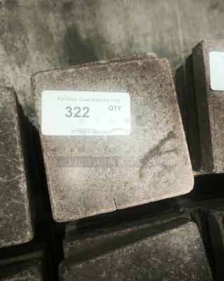 NSF certified volcanic granite stone for cooking, square shape, visible crack, label with "322 QTY" and PCI Auctions URL.