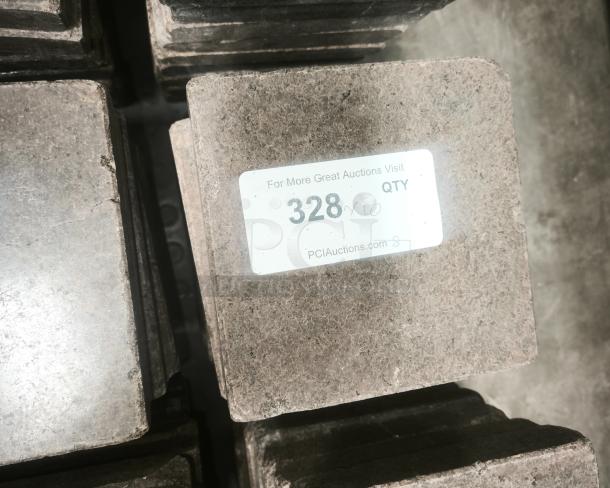 NSF certified volcanic granite cooking stone, square shape, gray, slightly rough texture, auction label showing quantity of 328.