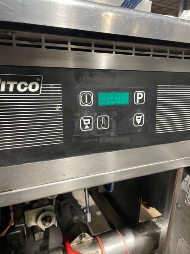 Pitco SG14-JS deep fryer system with digital control, stainless steel, 40 lb capacity, natural gas, on casters, 120V 1 Phase.