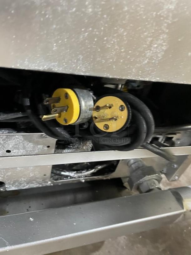 Pitco SG14-JS triple-bay deep fryer system, stainless steel, natural gas, 40 lb. capacity, digital controls, caster wheels.